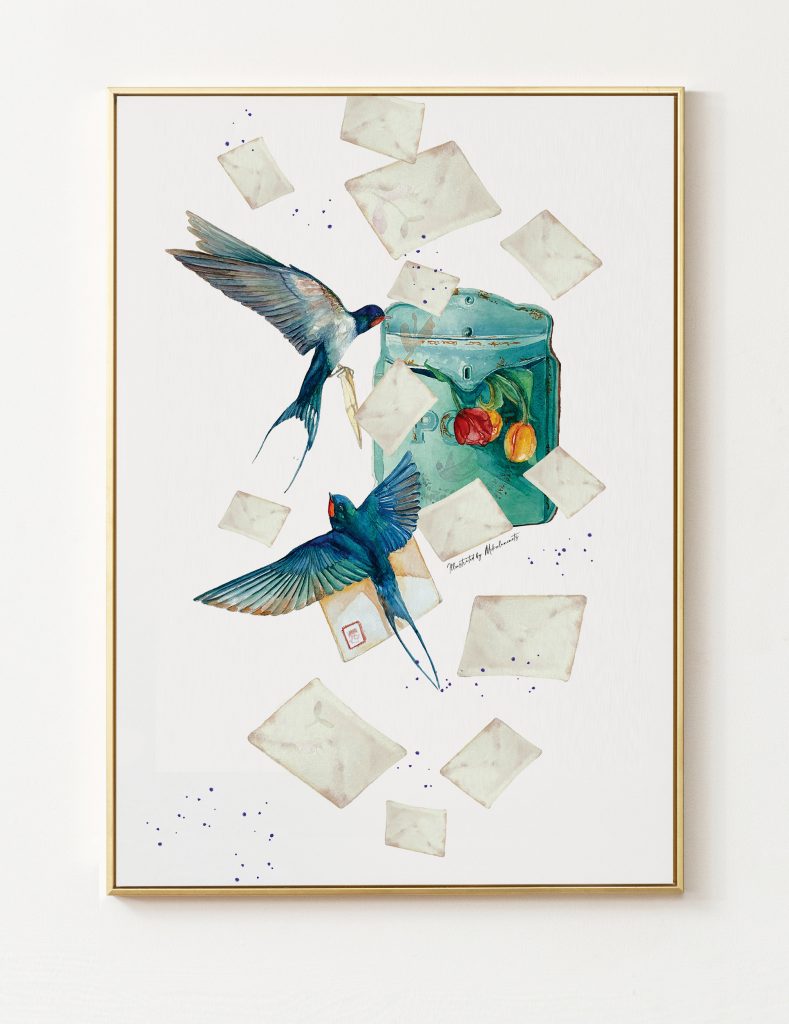 Watercolor illustration of two swallows in flight, scattered letters falling, and a vibrant post box with blossoms on the right.