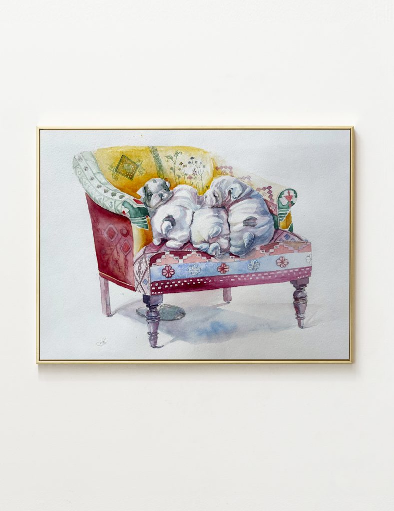 Dogs puppies armchair watercolour painting