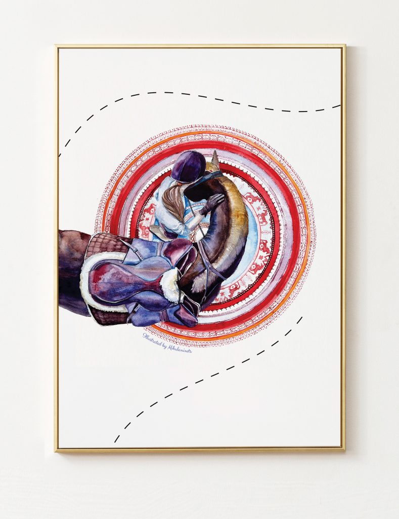 An illustration of a rider in a helmet affectionately touching the muzzle of a saddled brown horse, centered within a circular, decorative pattern of concentric red, orange, and white rings with blue and white detailing.