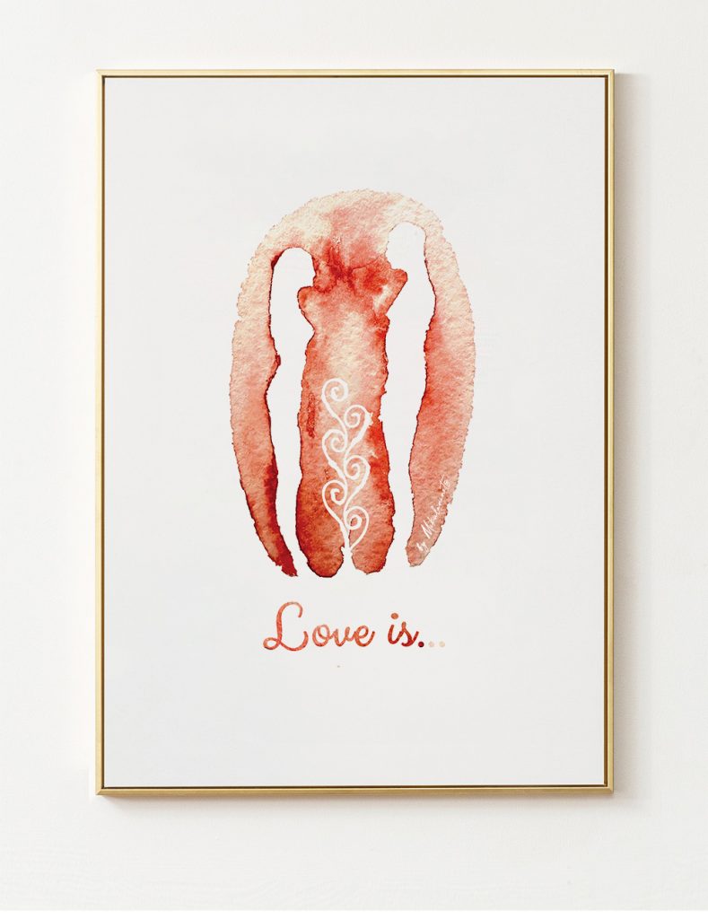 A minimalist watercolor illustration featuring the white negative space silhouettes of two people facing each other, set within an oval wash of reddish-brown watercolor. A white, ornate scroll design is centered between them, and the text Love is... is written in a matching script below the main image.