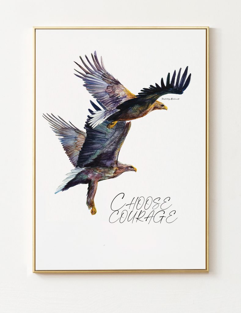 Watercolour painting of two flying eagles with the words “choose courage.”