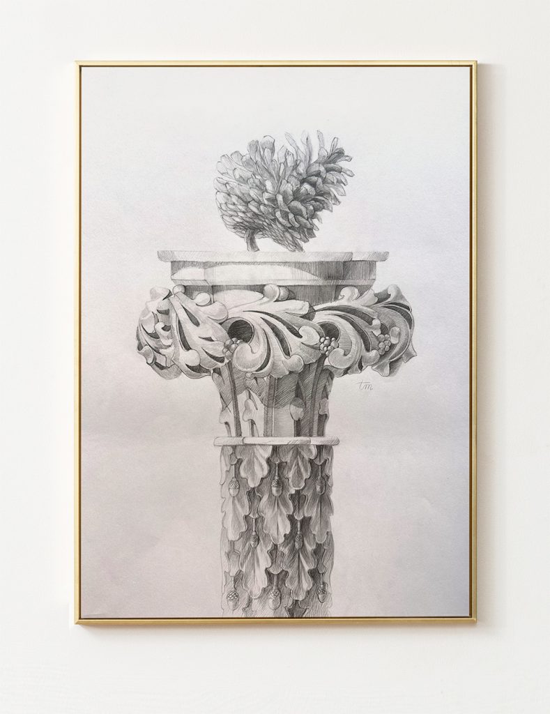Original A3 graphite drawing titled 'Growth Upon the Ruins' featuring a detailed Corinthian column capital with subtle organic growth, hand-drawn on archival paper, in a minimalist classical style.
