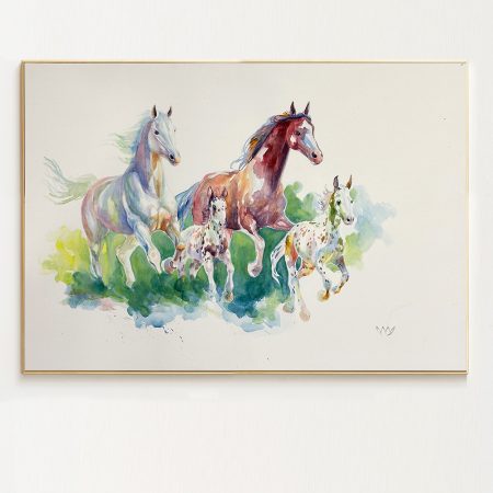 Watercolour painting of four galloping horses—one white, one chestnut, and two spotted Appaloosas—running together across a vibrant green and blue abstract background.
