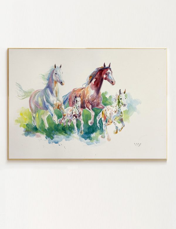 Watercolour painting of four galloping horses—one white, one chestnut, and two spotted Appaloosas—running together across a vibrant green and blue abstract background.