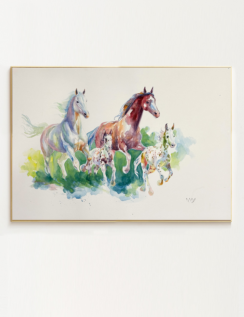 Watercolour painting of four galloping horses—one white, one chestnut, and two spotted Appaloosas—running together across a vibrant green and blue abstract background.