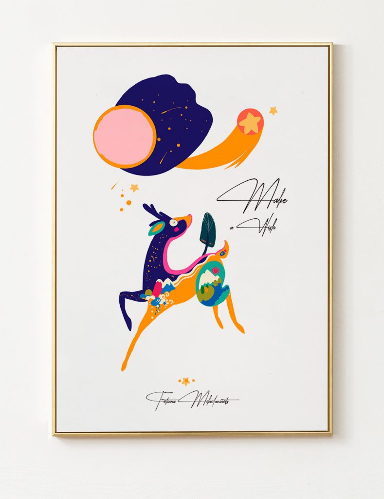 A deer with mountains and rivers upon his back leaps toward a shining star, while the moon smiles above. Hand-drawn magic where the world lives on his fur.
