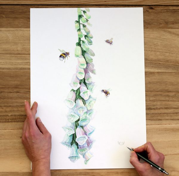 Watercolor illustration of a tall foxglove stem with pale purple and green bell-shaped flowers, accompanied by three bees flying around the blooms on a white background