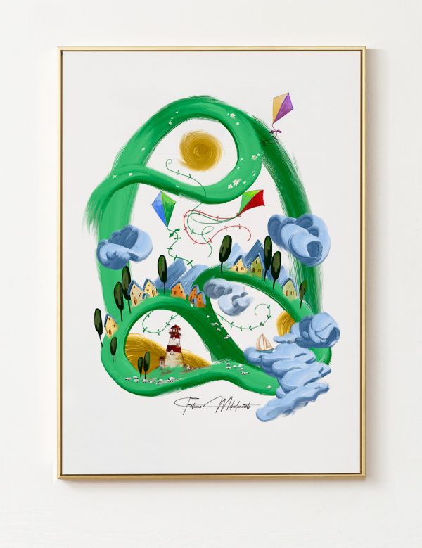 A vibrant, whimsical illustration featuring a green, swirling pathway that winds around a stylized landscape with small, colorful houses, tall green trees, a central red and white lighthouse, and sheep. Three colorful kites fly above the scene, and there are blue, fluffy clouds against a white background, suggesting a spring or summer day.