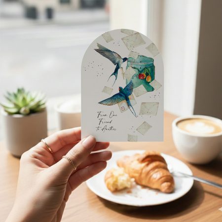 Illustrated friendship greeting card with birds carrying letters, from one friend to another