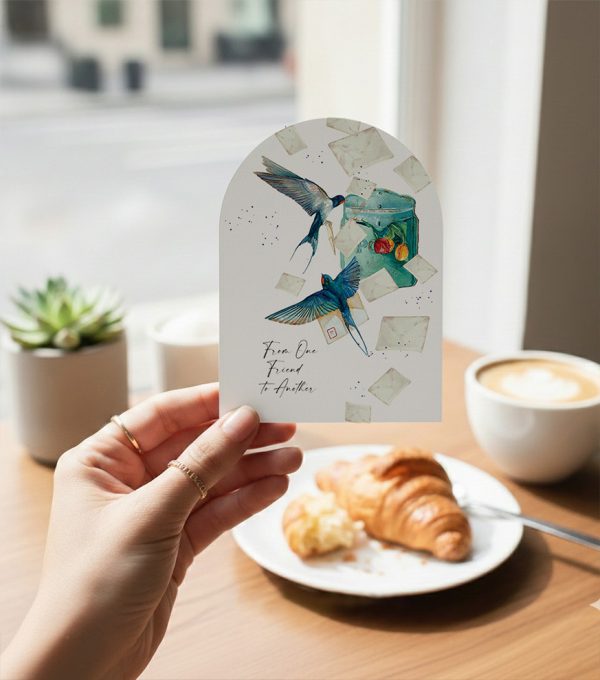 Illustrated friendship greeting card with birds carrying letters, from one friend to another