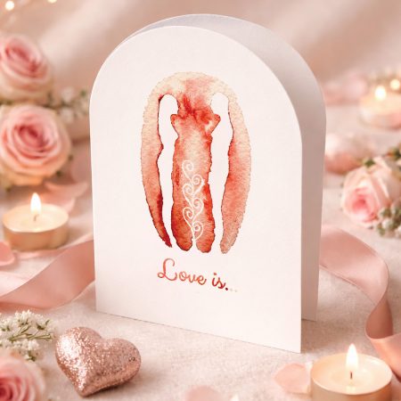Romantic love greeting card with soft pink watercolor couple illustration, surrounded by candles, roses, and blush decor