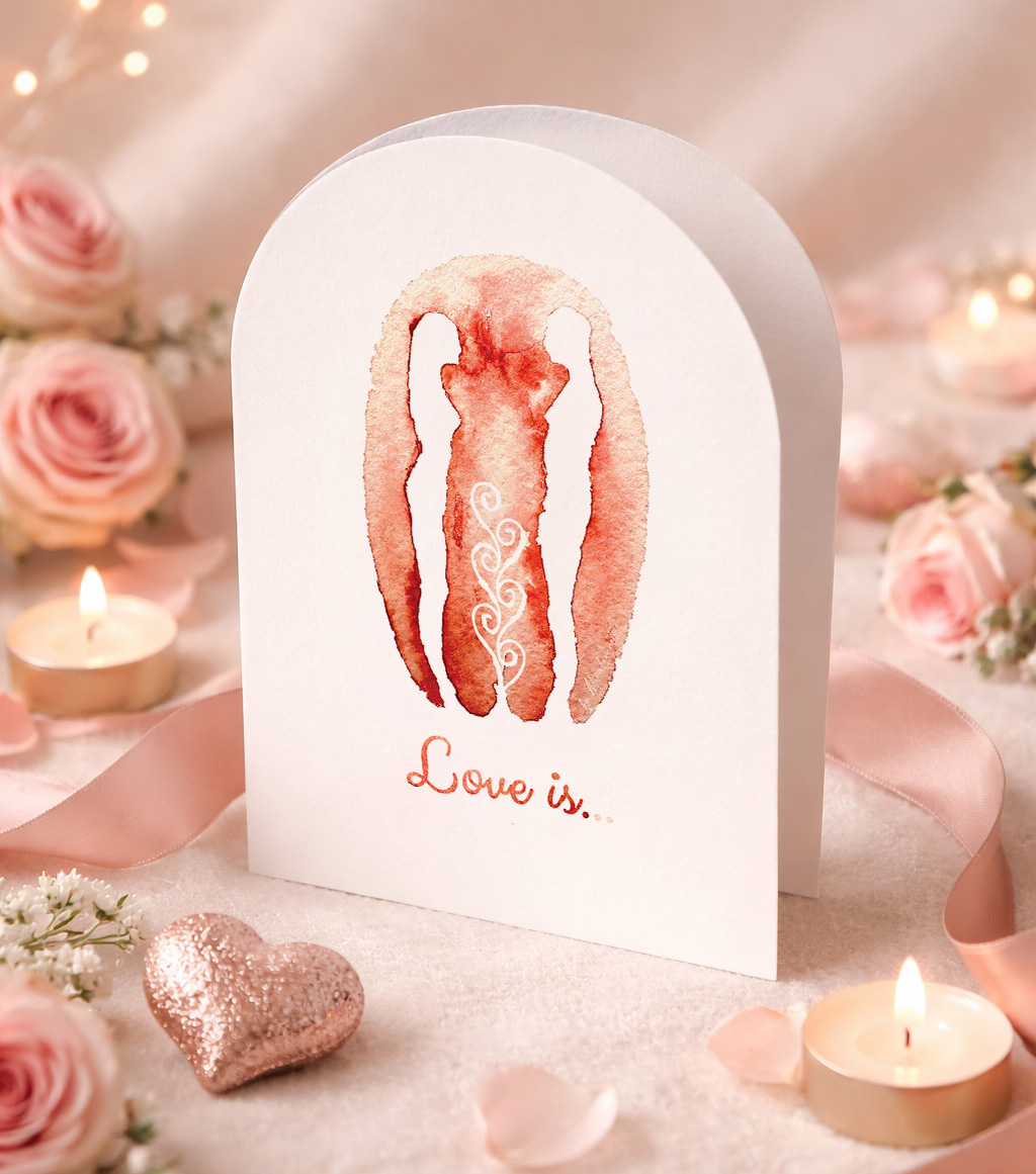 Romantic love greeting card with soft pink watercolor couple illustration, surrounded by candles, roses, and blush decor