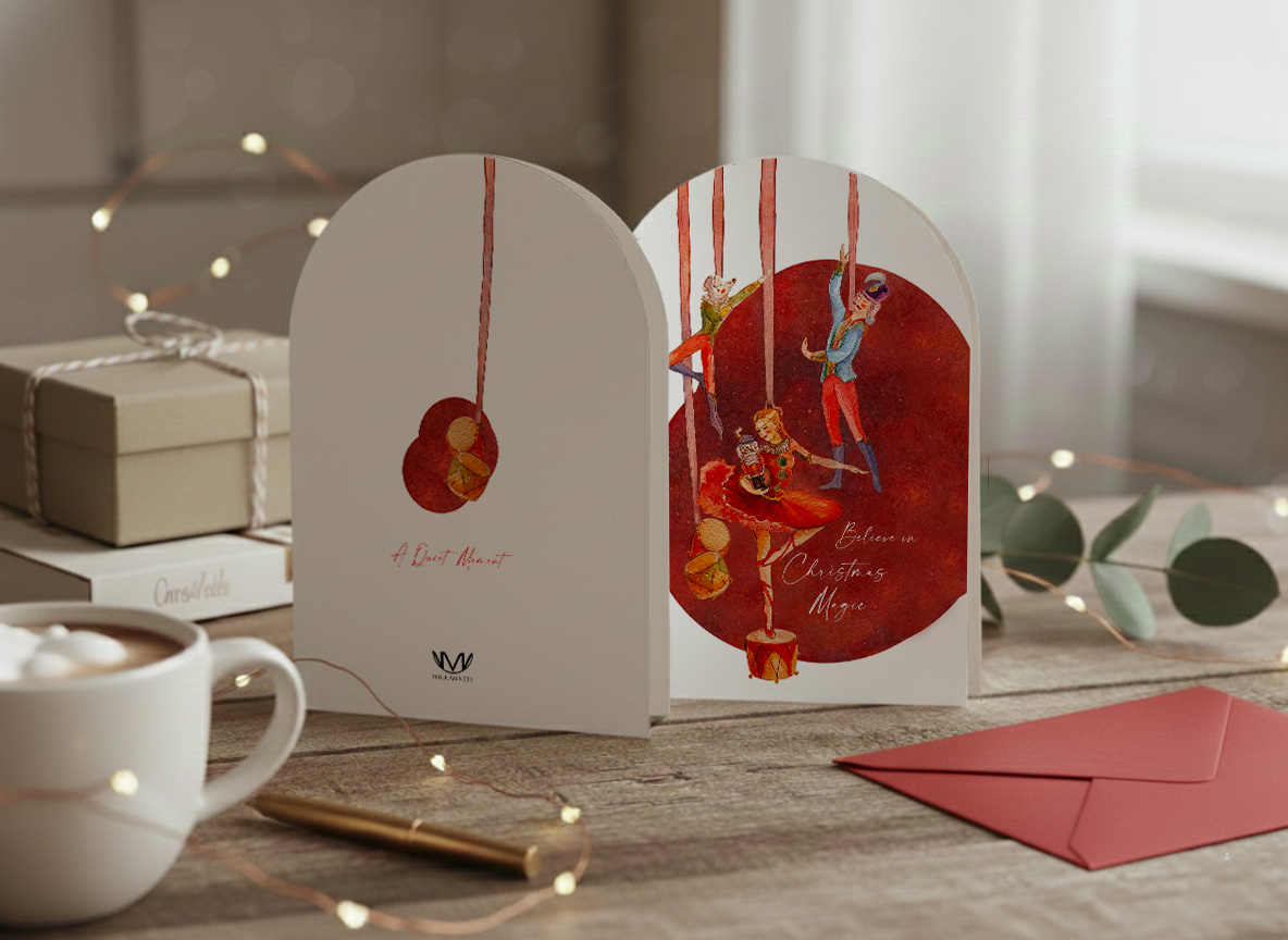 Romantic illustrated Christmas card with nutcracker ballet figures and the words “Believe in Christmas Magic”