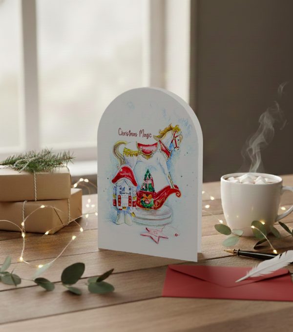 Nutcracker Christmas greeting card illustration featuring festive toys, printed on premium Italian paper