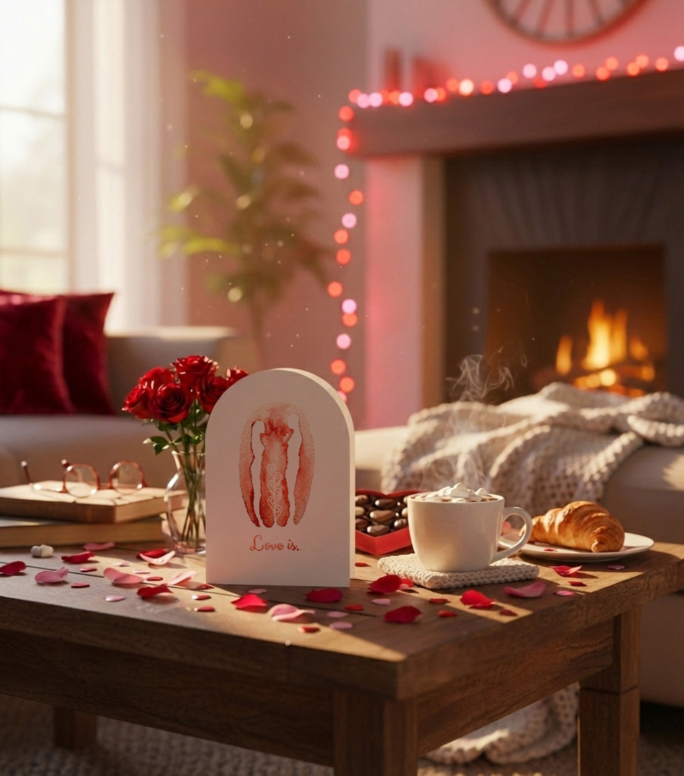 Romantic love greeting card with soft pink watercolor couple illustration, surrounded by candles, roses, and blush decor