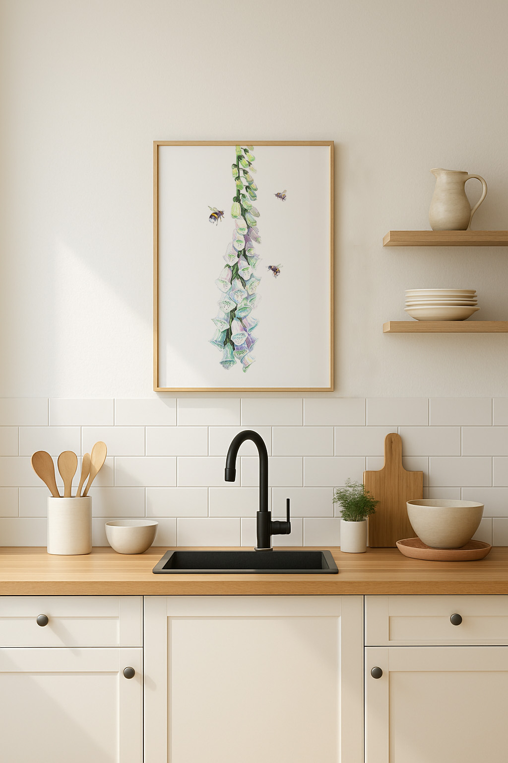 Watercolour illustration of a tall foxglove stem with pale purple and green bell-shaped flowers, accompanied by three bees flying around the blooms on a white background