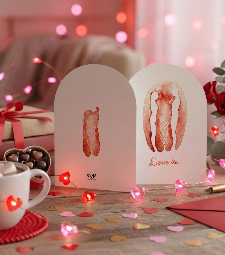 Romantic love greeting card with soft pink watercolor couple illustration, surrounded by candles, roses, and blush decor