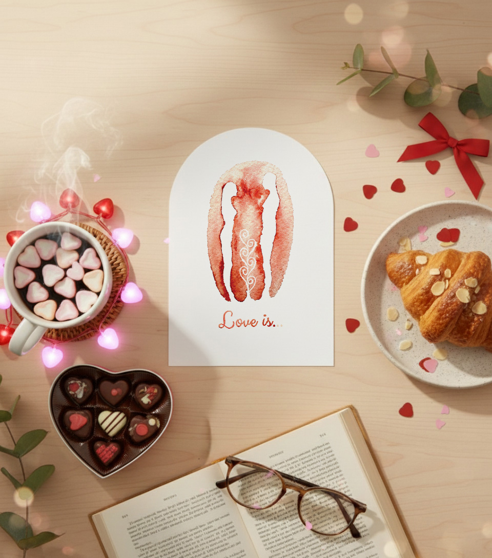 Romantic love greeting card with soft pink watercolor couple illustration, surrounded by candles, roses, and blush decor