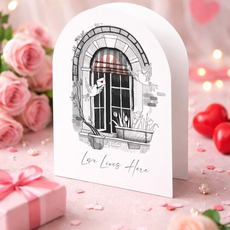 A delicate architectural pen-and-ink sketch of a classic stone arched window. The window features a red and white striped awning, open glass panes, and two white doves—one carrying a small love letter with a red heart.