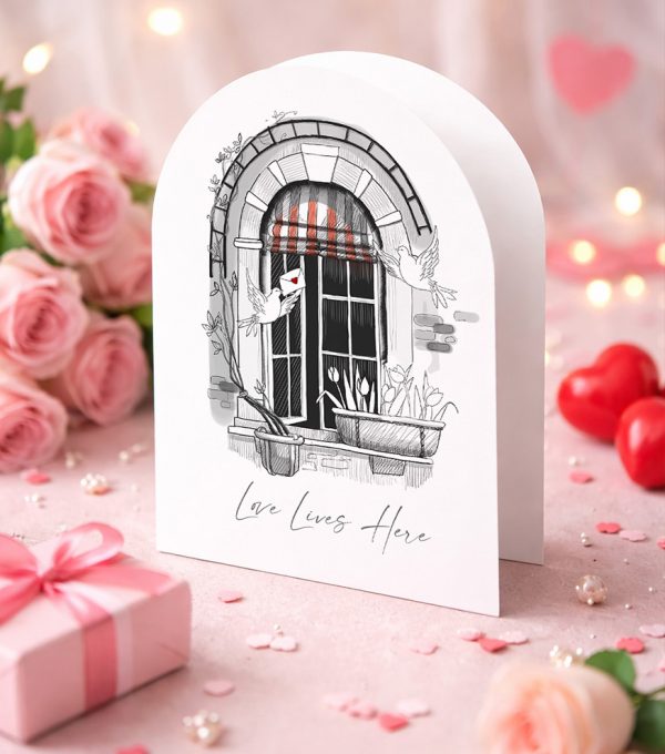 A delicate architectural pen-and-ink sketch of a classic stone arched window. The window features a red and white striped awning, open glass panes, and two white doves—one carrying a small love letter with a red heart.