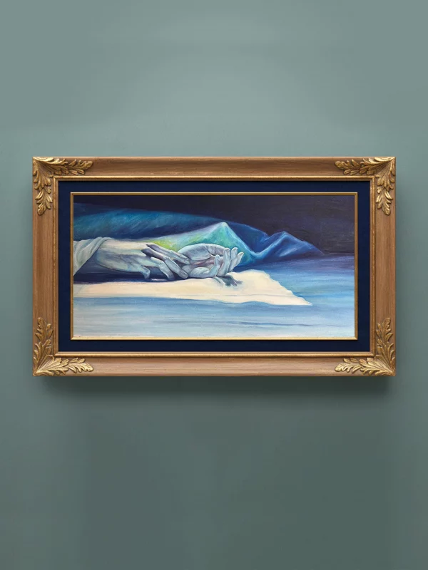 Original oil painting depicting a close-up, intimate study of two hands gently intertwined and resting on a light-colored surface. The composition features a rich, moody color palette of deep cerulean, indigo, and teal fabric draped in the background. Soft, ethereal light highlights the delicate texture of the skin and the folds of the cloth.