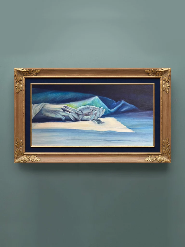 Original oil painting depicting a close-up, intimate study of two hands gently intertwined and resting on a light-colored surface. The composition features a rich, moody color palette of deep cerulean, indigo, and teal fabric draped in the background. Soft, ethereal light highlights the delicate texture of the skin and the folds of the cloth.